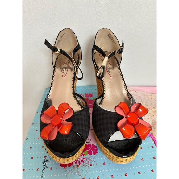 POETIC LICENSE London Quirky black gingham straw peep toe ankle strap heels 8.5M - Picture 3 of 7